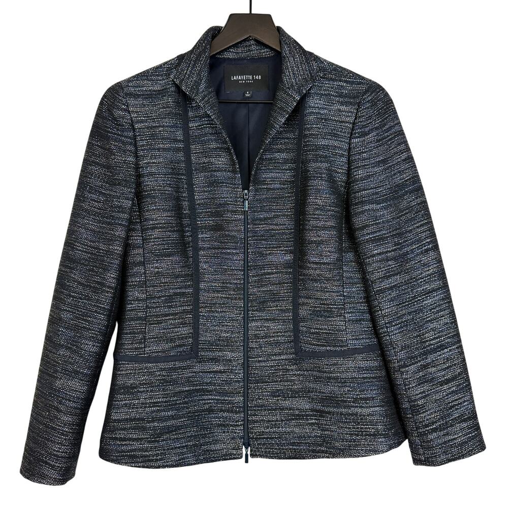 Lafayette 148 Woven Zip Up Dressy Jacket Navy Blue Black Wool Blend - Size 6 - Picture 1 of 10